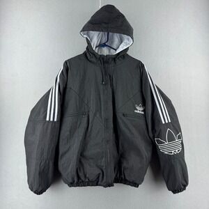 Adidas Jacket Mens Large Black Puffer 90s Track Insulated Windbreaker Puffy Hood